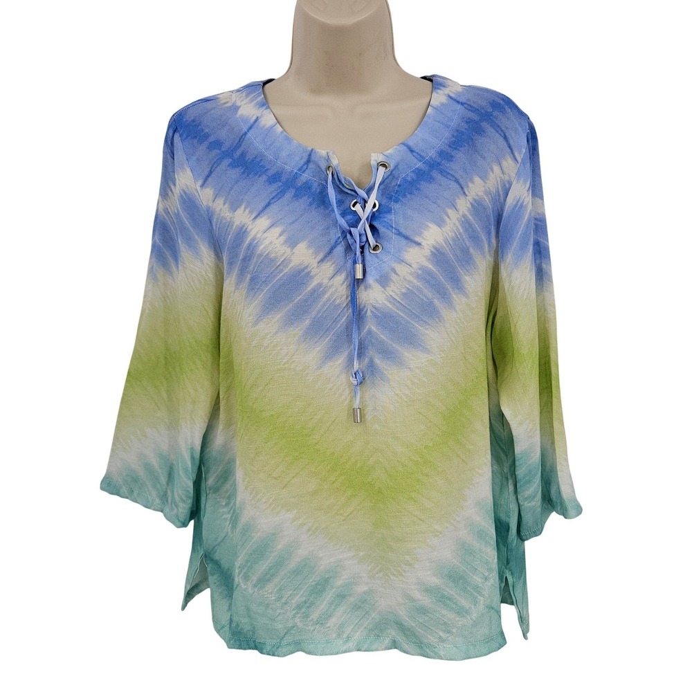 Alfred Dunner Top Women Petite M Blue Coastal Grandma Lace Up Tunic boho Arty